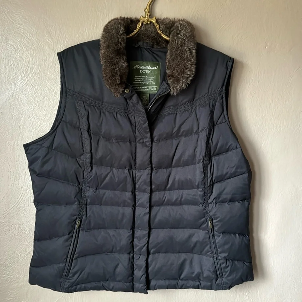 Eddie Bauer Charcoal Puffer Vest with Plush Collar - Picture 1 of 4